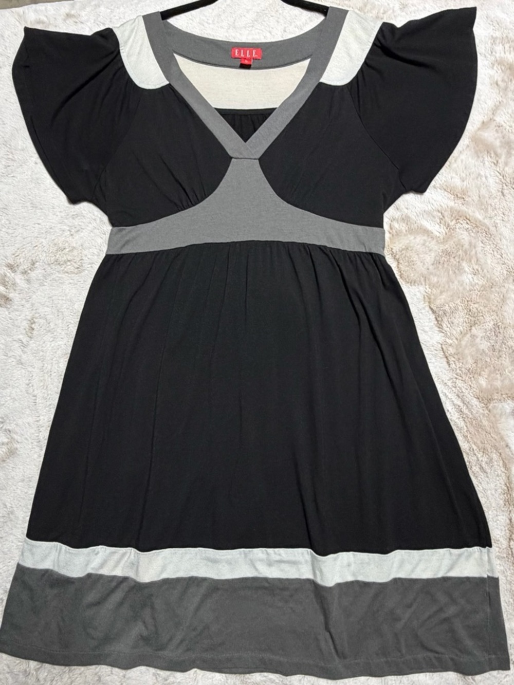 ELLE Black Dress with Gray Trim & Flutter Sleeves and Back Tie XL